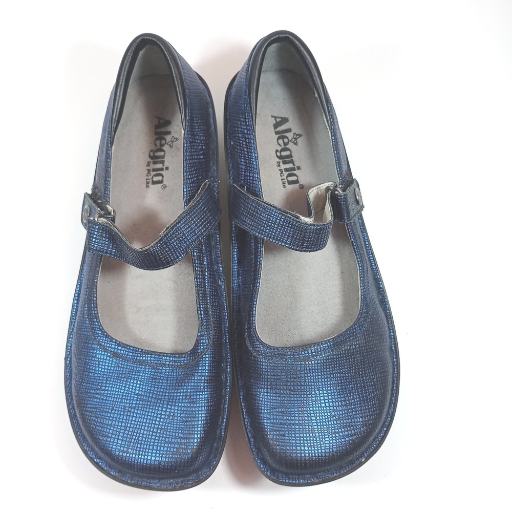 Alegria Mary Jane Shoes 38 Metallic Blue Leather Good Comfort Rocker Sole Work